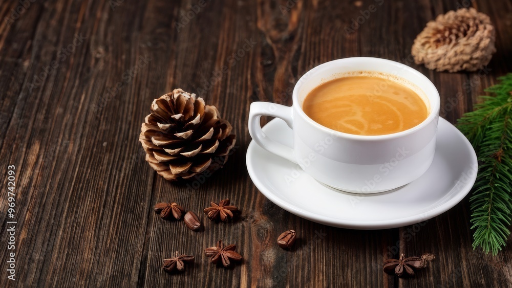 Hot coffee and pine coneson on table wood background with copy space. Hot coffee and pine coneson on table wood background with copy space.