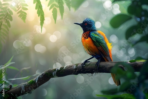 Exotic bird displaying bright colors in a tranquil jungle setting