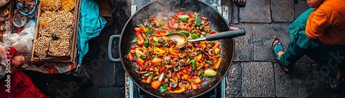 Overhead View of Steaming Wok with Colorful Peppers Mushrooms and Onions on a Cobblestone Street