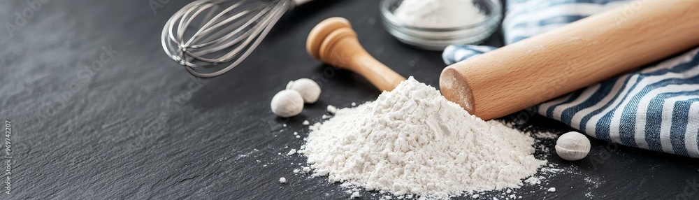 Flour Mound A CloseUp of Baking Essentials on a Black Surface with a Blurred Whisk and Rolling Pin in the Background Flour Mound A CloseUp of Baking Essentials on a Black Surface with a Blurred Whisk and Rolling Pin in the Background