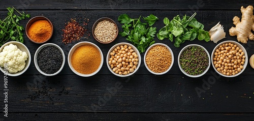 Overhead View of Various Ingredients Arranged in Bowls on a Black Wooden Surface A Culinary Composition photo