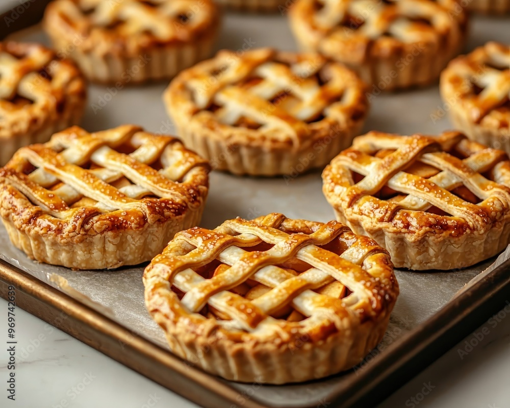Golden LatticeTop Pies A CloseUp Perspective of Homemade Treats on a Baking Sheet Golden LatticeTop Pies A CloseUp Perspective of Homemade Treats on a Baking Sheet