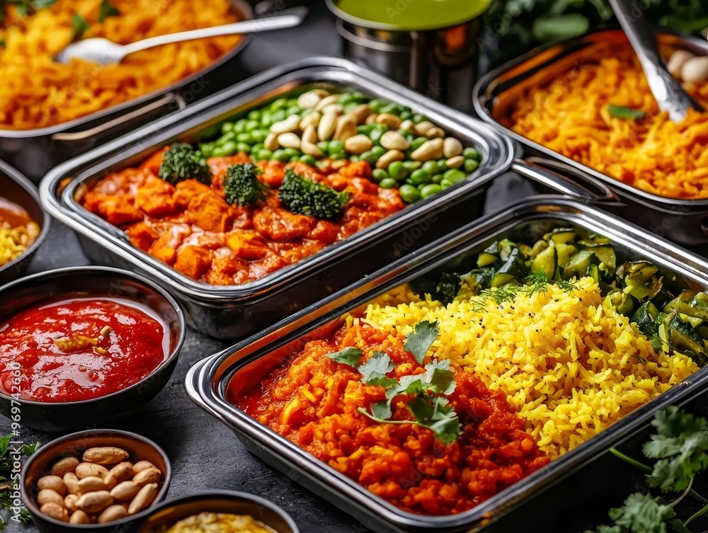 Overhead View of Vibrant Indian Dishes in Silver Containers with Cilantro Garnish on Black Background Overhead View of Vibrant Indian Dishes in Silver Containers with Cilantro Garnish on Black Background