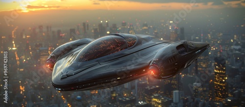 Futuristic Cityscape with Flying Vehicle