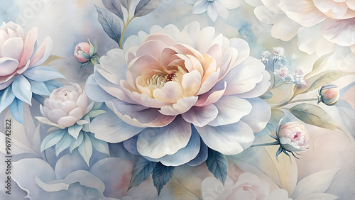 Soft Pastel Peony Flowers, Elegant Watercolor Floral Illustration with Copy Space