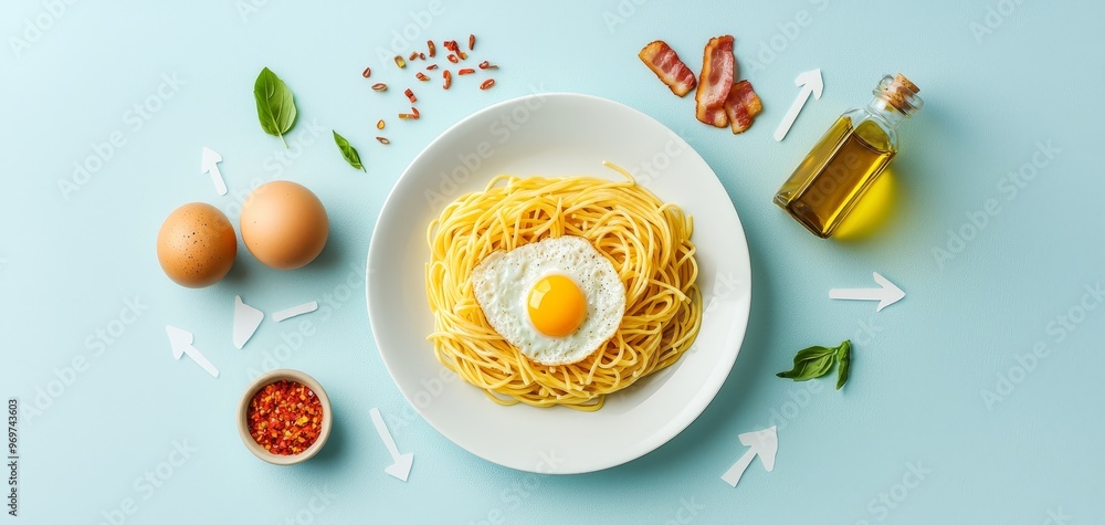 Spaghetti with a Fried Egg Flatlay Composition Topdown Perspective Blue Background Arrows Eggs Bacon Basil Oil Chili Flakes Spaghetti with a Fried Egg Flatlay Composition Topdown Perspective Blue Background Arrows Eggs Bacon Basil Oil Chili Flakes