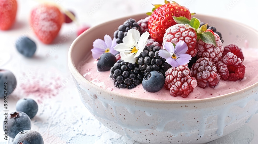 Bowl filled with yogurt, fresh berries, and flowers, focusing on the concept of healthy eating and dietary products. Bowl filled with yogurt, fresh berries, and flowers, focusing on the concept of healthy eating and dietary products.