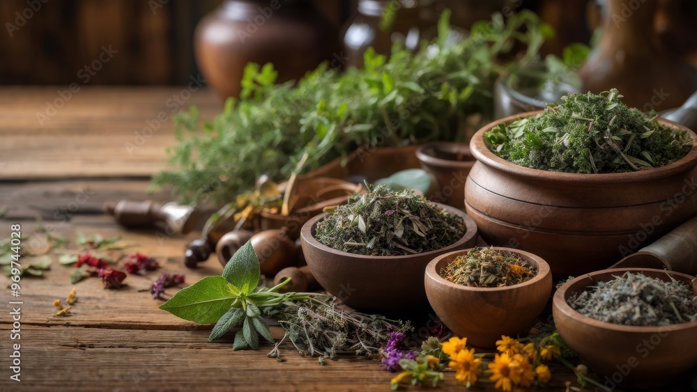 Heap of medicinal herbs for tea on wooden table. Heap of medicinal herbs for tea on wooden table.