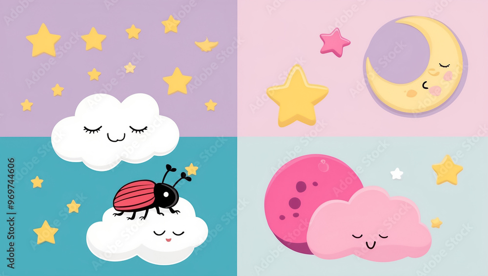 Little cartoon beetle sleeping on a cloud, flat design illustration