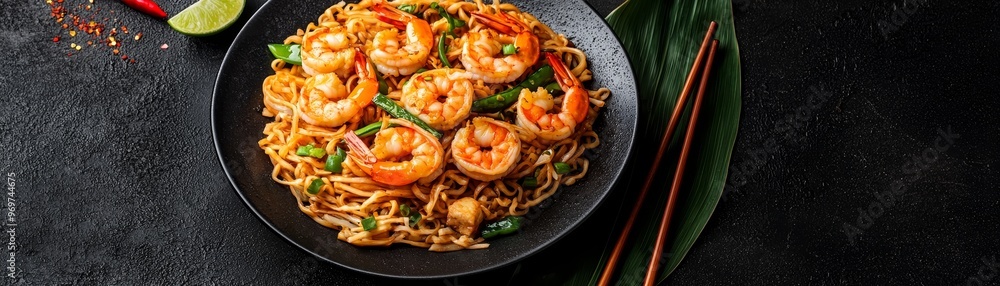 Spicy Shrimp Noodle StirFry on Black Plate with Chopsticks Lime Overhead View Spicy Shrimp Noodle StirFry on Black Plate with Chopsticks Lime Overhead View