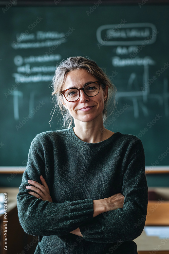 Experienced 40-year-old male teacher standing in front of a blackboard with arms crossed, exuding professionalism and leadership in an academic classroom setting, perfect for education concepts Experienced 40-year-old male teacher standing in front of a blackboard with arms crossed, exuding professionalism and leadership in an academic classroom setting, perfect for education concepts
