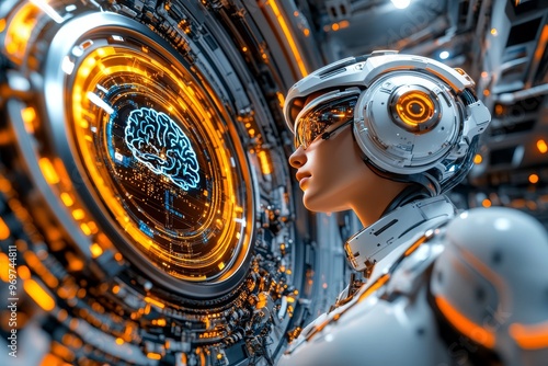 Machine connectivity synaptic mapping advanced cognition neural augmentation and digital integration futuristic woman in a robotic suit with glowing circuitry representing cybernetic augmentation photo