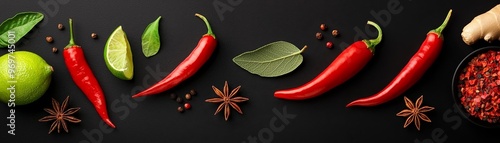 Spicy Symphony Red Chilis Lime Star Anise on Black Background TopDown Perspective