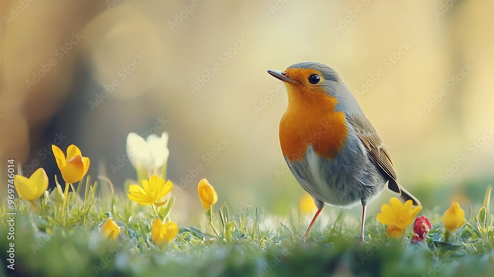 A Robin in a Field of Flowers A Robin in a Field of Flowers