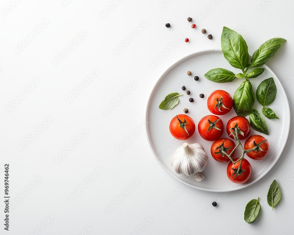 TopDown View of Fresh Tomatoes Garlic Basil on a White Plate with Black Peppercorns Scattered Around TopDown View of Fresh Tomatoes Garlic Basil on a White Plate with Black Peppercorns Scattered Around
