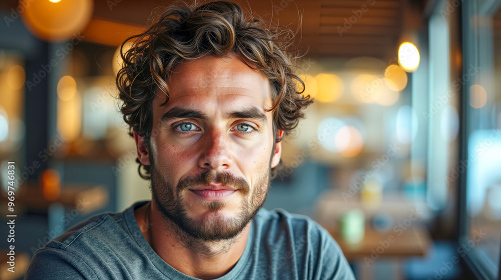 A man with curly hair and a beard sitting at a table A man with curly hair and a beard sitting at a table