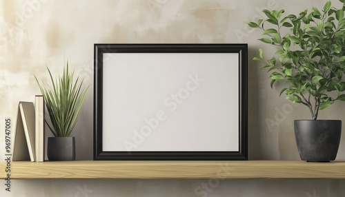 Empty Black Photo Frame On Shelf Or Table: Horizontal Diploma Frame Mockup With Certificate. Picture Frame Mockup Template For Display.