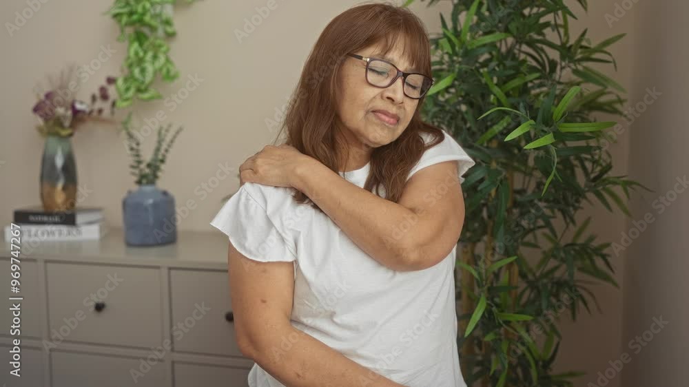 Mature, woman, experiencing, shoulder, pain, in, a, home, interior, setting, surrounded by indoor plants and home decor. Mature, woman, experiencing, shoulder, pain, in, a, home, interior, setting, surrounded by indoor plants and home decor.