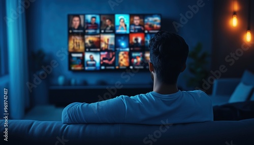 Relaxing At Home: Man Enjoying Evening Tv With Multimedia Streaming Concept From Vod Content Provider Shows And Series On Internet Streaming Video Service.