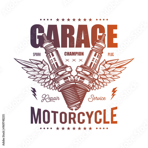 Retro poster with wings and spark plugs. Original vector illustration in vintage style isolated on white background. T-shirt design. photo