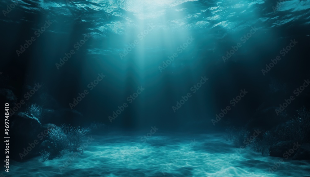 Fototapeta premium Tranquil Underwater Backgrounds: Abstract Blue Sea Scenes With Copy Space For Your Design. Deep Ocean Backgrounds Perfect For Creative Projects.