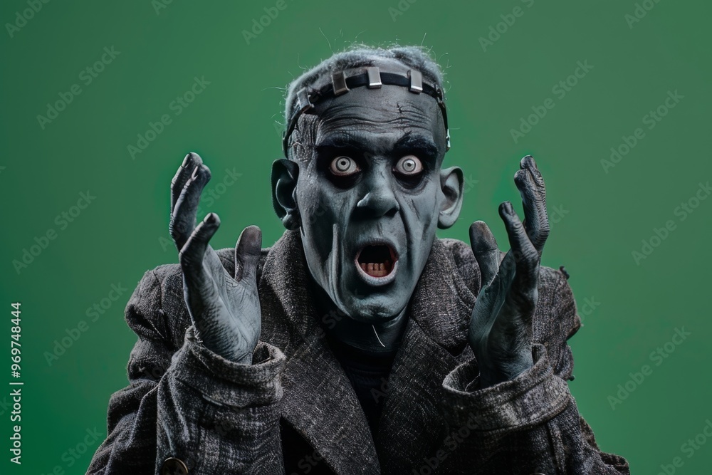 Shocked Surprised Halloween Frankenstein Monster on a Green Background with Space for Copy Shocked Surprised Halloween Frankenstein Monster on a Green Background with Space for Copy