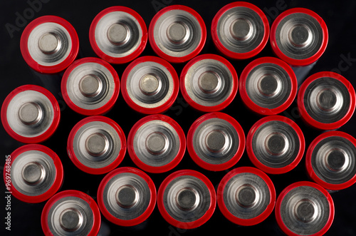 Top View Macro Image of Silver and Red AA Batteries