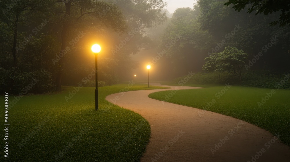 Foggy Pathway With Streetlights In Forest At Night Foggy Pathway With Streetlights In Forest At Night