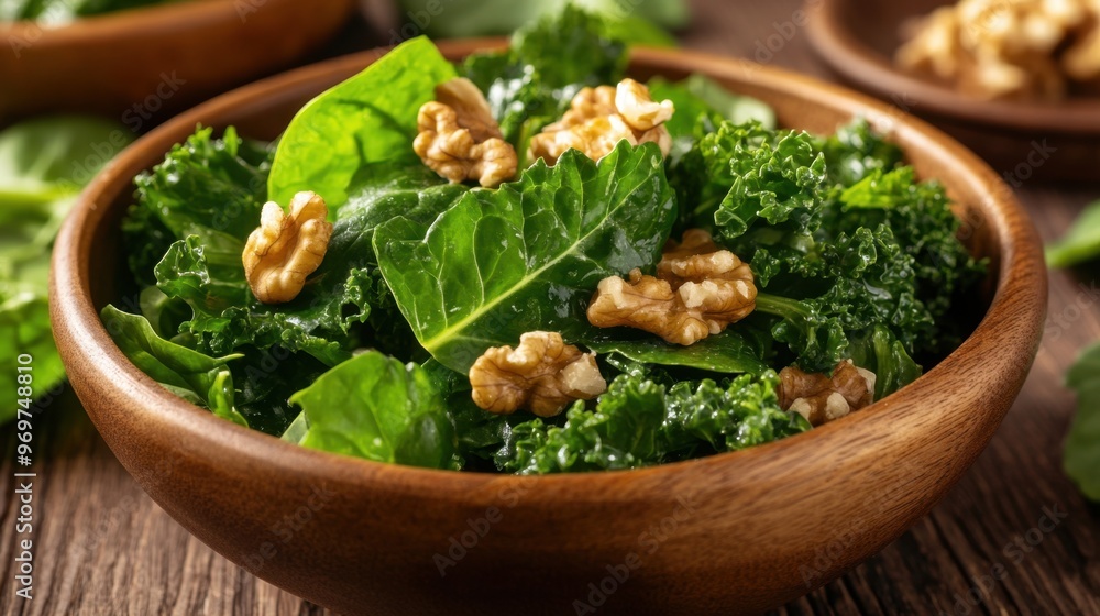 Fresh Green Kale and Walnut Salad in Wooden Bowl Fresh Green Kale and Walnut Salad in Wooden Bowl