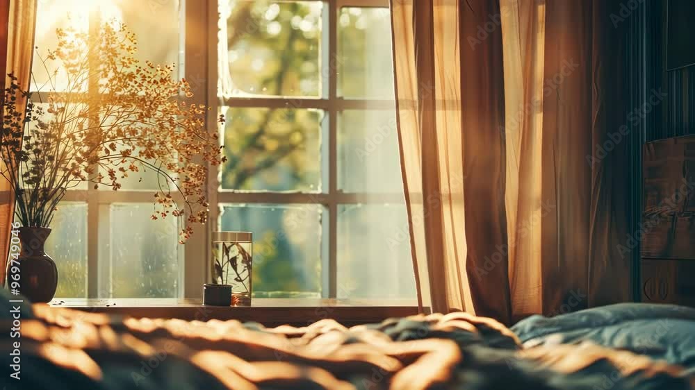 A cozy bedroom bathed in warm sunlight, highlighting a vase of flowers by the window, evoking tranquility and comfort A cozy bedroom bathed in warm sunlight, highlighting a vase of flowers by the window, evoking tranquility and comfort