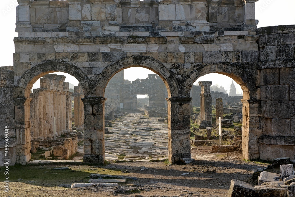 the arch stone gates of the ancient city of Hierapolis at the daytime in Denizli city, Turkey the arch stone gates of the ancient city of Hierapolis at the daytime in Denizli city, Turkey