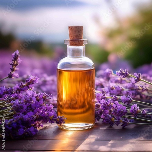 lavender oil in a glass bottle on a background of fresh flowers