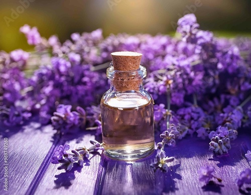 lavender oil in a glass bottle on a background of fresh flowers