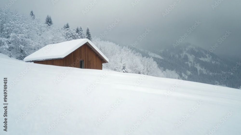 Wooden Cabin in Snowy Mountain Landscape Wooden Cabin in Snowy Mountain Landscape