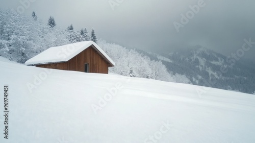 Wooden Cabin in Snowy Mountain Landscape