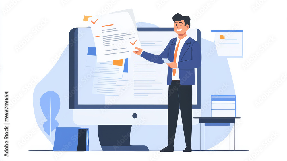 A businessman is demonstrating how to verify online documents. This represents the importance of company policies, rules, legal advice, and official documents. A businessman is demonstrating how to verify online documents. This represents the importance of company policies, rules, legal advice, and official documents.