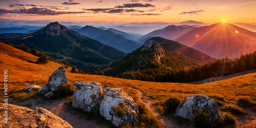 Serene mountain landscape at sunset with golden light and calm orange skies, creating a peaceful atmosphere perfect for capturing the tranquil beauty of nature and the calm mood of summer evenings