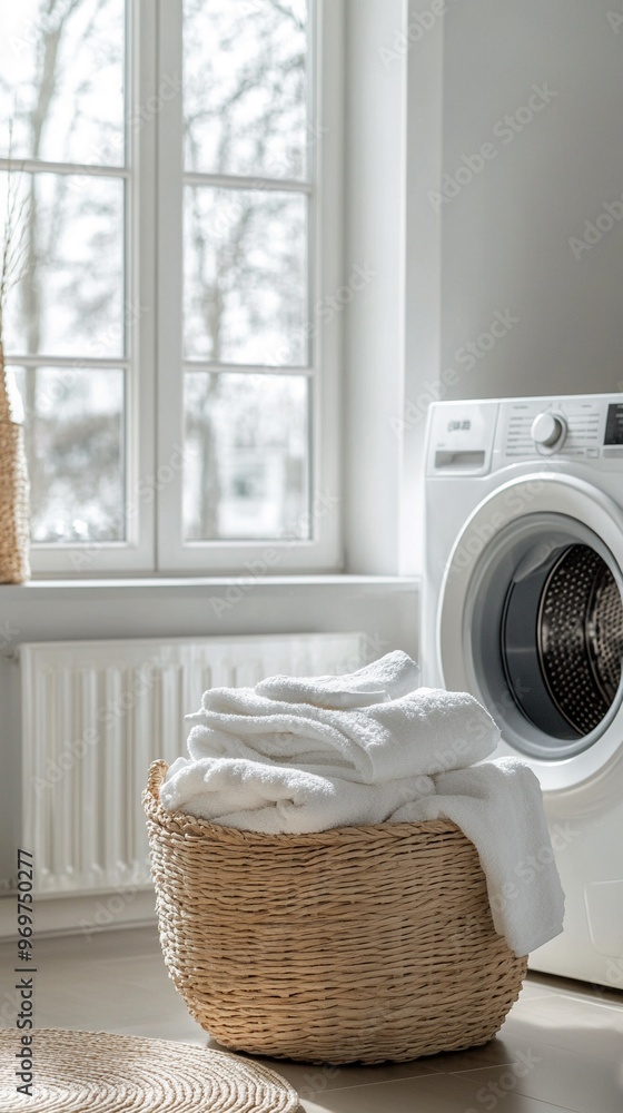 A woven wicker basket filled with neatly folded white towels, positioned next to a modern white washing machine,for illustrating clean living, laundry services, or home organization themes A woven wicker basket filled with neatly folded white towels, positioned next to a modern white washing machine,for illustrating clean living, laundry services, or home organization themes