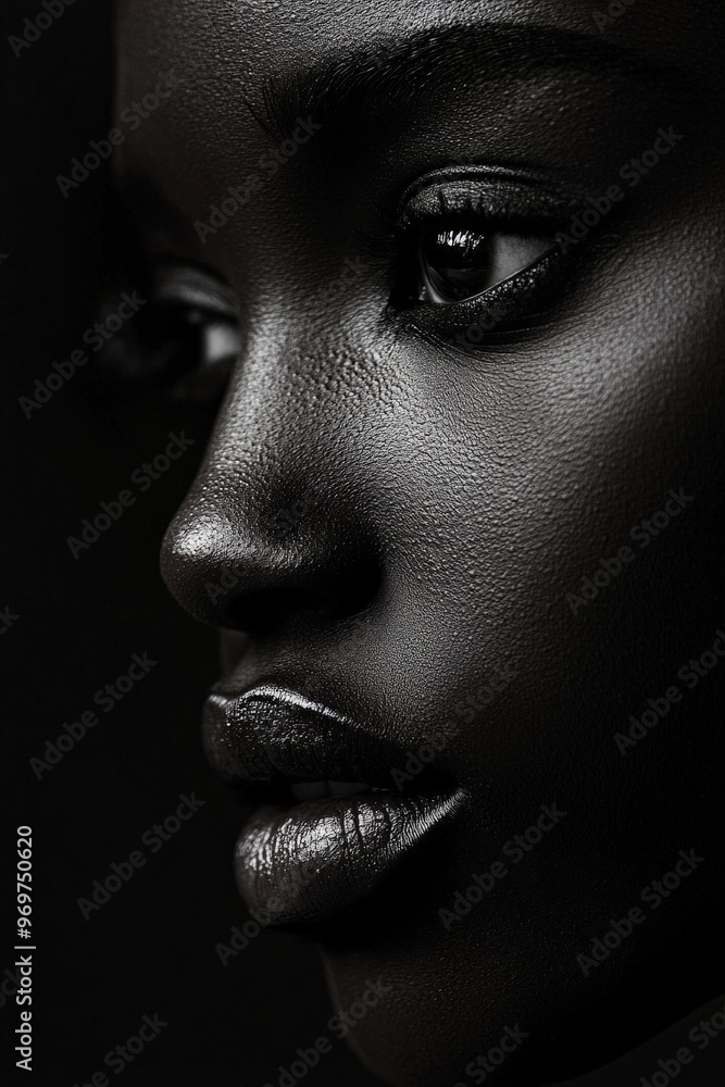 Naklejka premium Close-up portrait of a woman with dark skin in dramatic lighting
