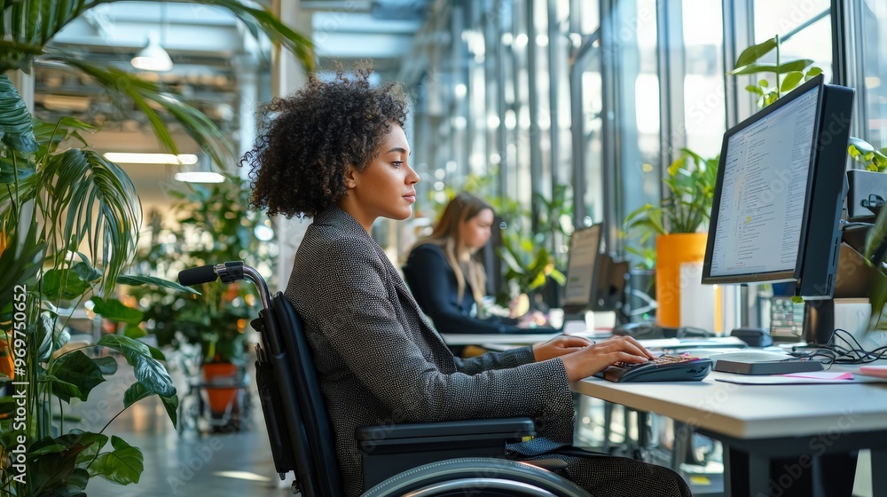 Young woman in a wheelchair working in a modern office environment Young woman in a wheelchair working in a modern office environment