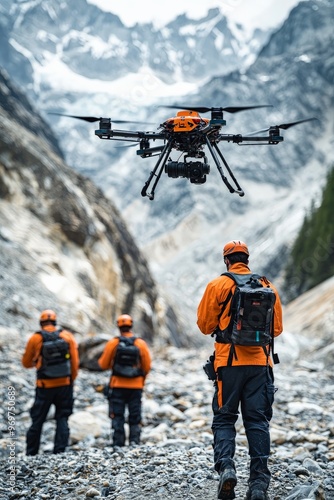 Wallpaper Mural Rescue team using a drone for search operations in a mountainous terrain. Torontodigital.ca