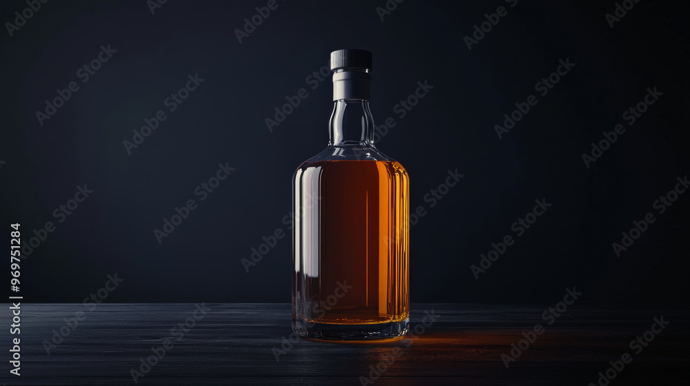 A realistic 3D image of a whiskey bottle against a dark backdrop. A realistic 3D image of a whiskey bottle against a dark backdrop.