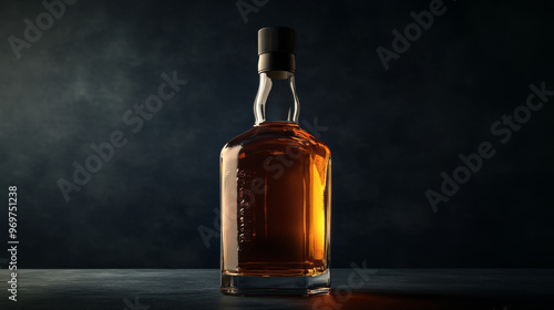 A realistic 3D image of a whiskey bottle against a dark backdrop.