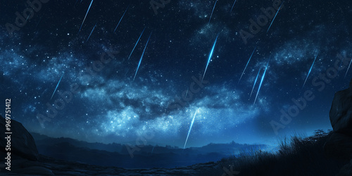Wallpaper Mural Glowing meteors streaking across the starry night sky above mountains and valleys, illuminating the dark landscape with a cosmic shower of light, selective focus

 Torontodigital.ca