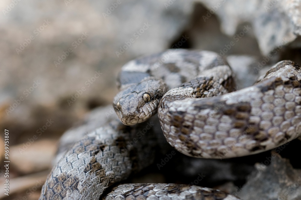 A detail shot of European Cat snake (Telescopus fallax) or Soosan Snake, on the island of Malta. A detail shot of European Cat snake (Telescopus fallax) or Soosan Snake, on the island of Malta.