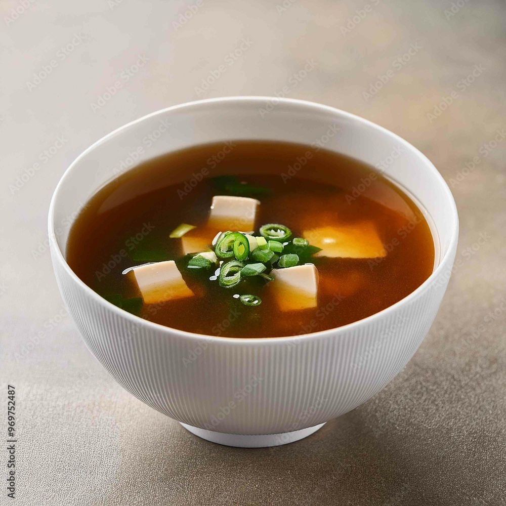 Japanese miso soup in a white bowl on the table Japanese miso soup in a white bowl on the table