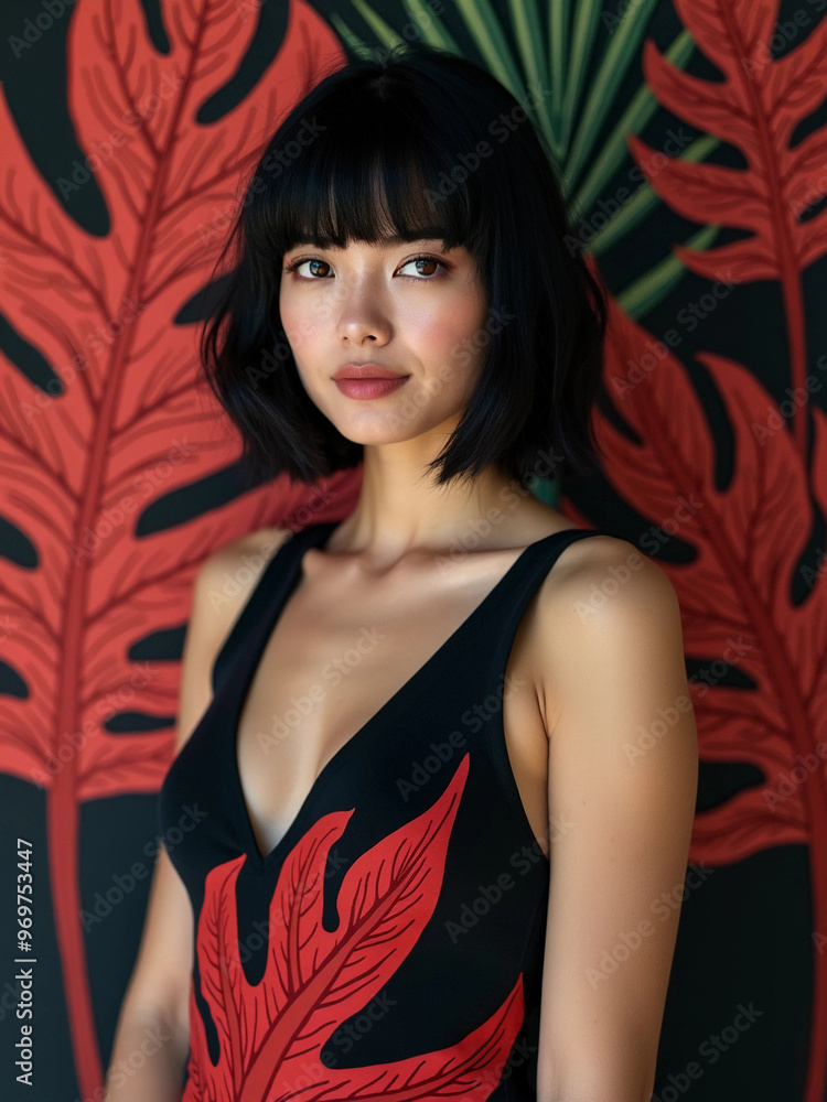 Asian woman with a big leaf on a black background. Asian woman with a big leaf on a black background.