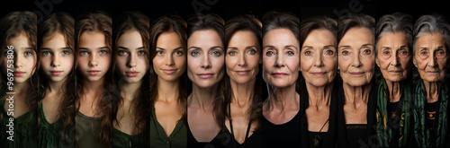 This collage traces the transformation of a woman, visually depicting her graceful progression from innocence of youth to the wisdom of old age, with each stage capturing the subtle beauty of aging