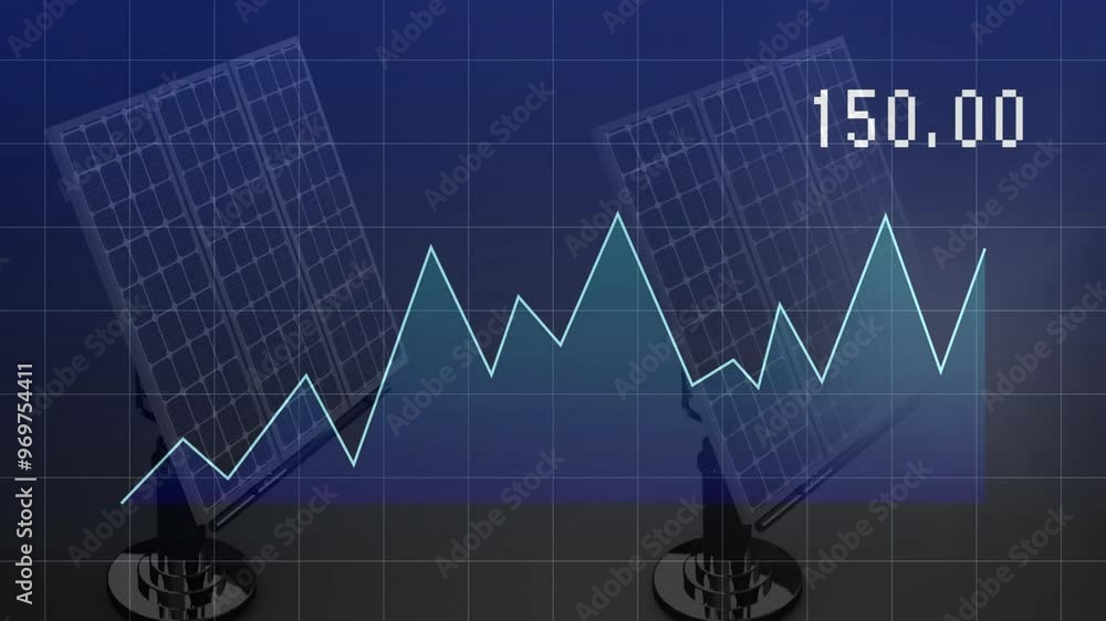 Solar panels and fluctuating graph animation, indicating energy production data Solar panels and fluctuating graph animation, indicating energy production data
