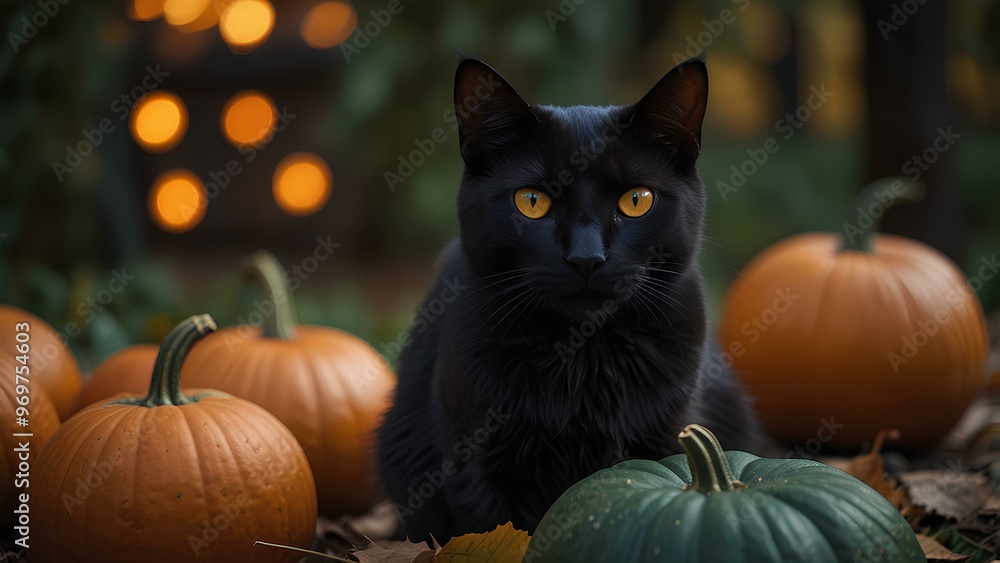 Black Cat with Glowing Eyes Sitting on a Pumpkin: Spooky Halloween Scene with Fallen Leaves and Candlelight Black Cat with Glowing Eyes Sitting on a Pumpkin: Spooky Halloween Scene with Fallen Leaves and Candlelight